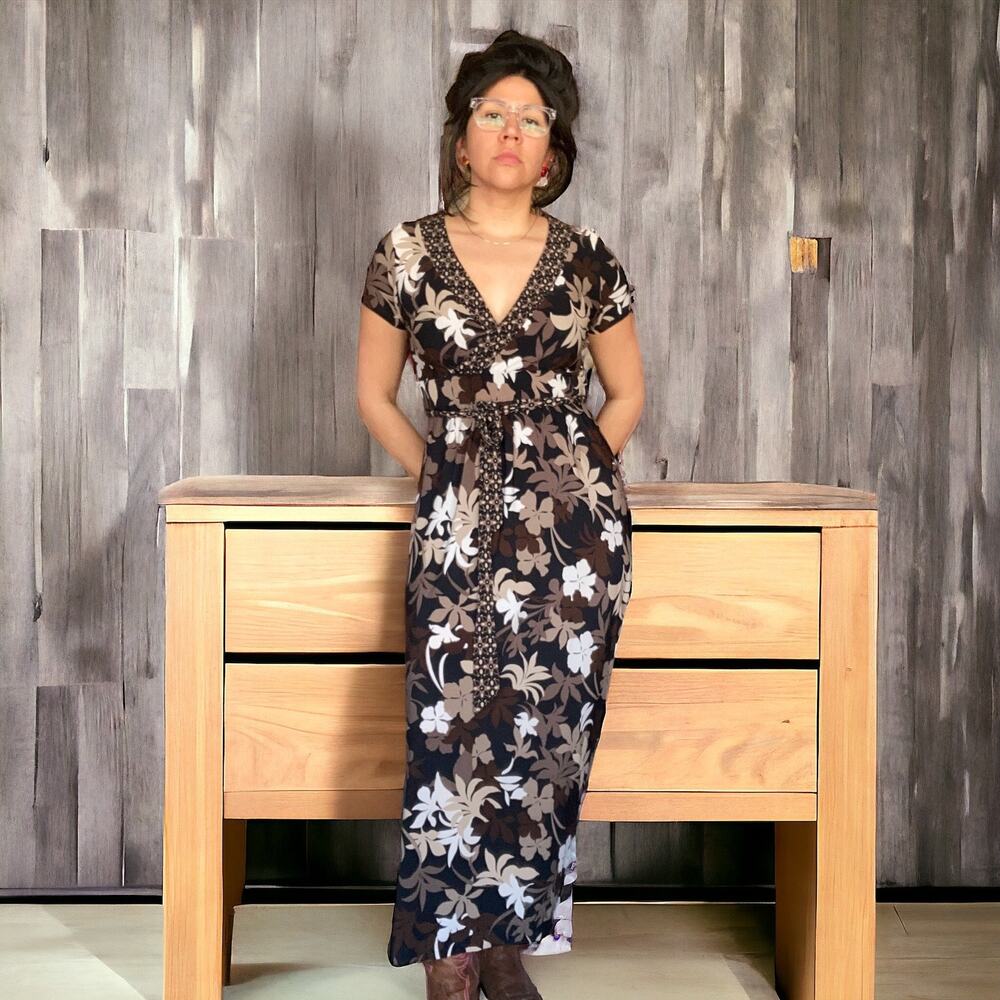 Brown Floral Print Empire Waist V-neck Stretchy Maxi Dress Medium
